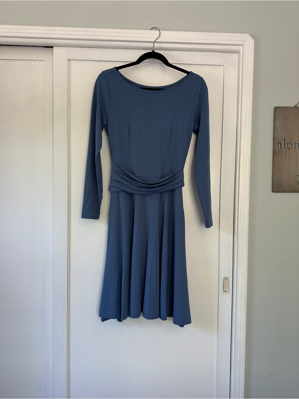 Betabrand Women's Blue Long Sleeve boatneck Fit-and-Flare Dress - bin 1